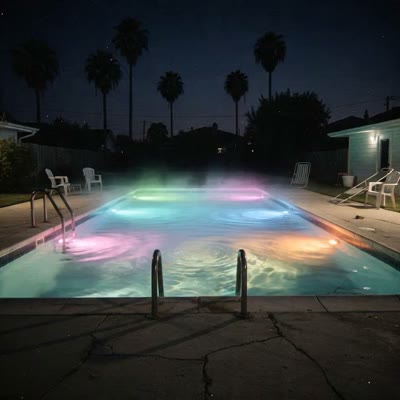 Slow handheld walks around the glowing pool, an inflatable flamingo drifts across, synth tone swells, a distant giggle. Audio: 90s camcorder hum, water lap, dreamy synth pad, distant crickets. Dreamcore liminal aesthetic.