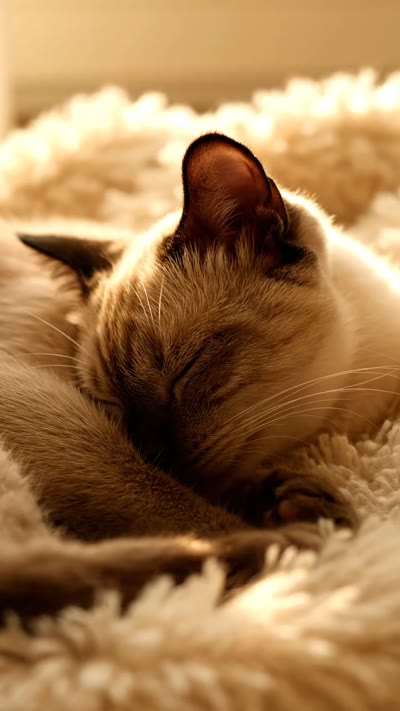 A sleeping cat twitching its ear, warm window light across soft fur, gentle breathing rhythm.