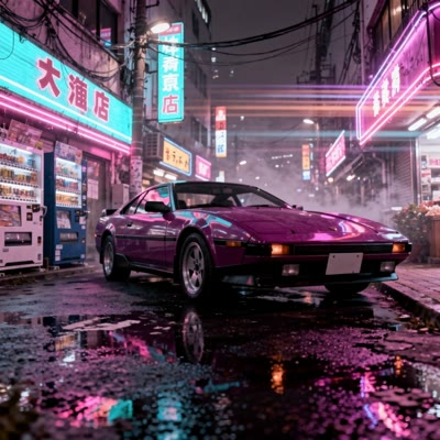 Slow lateral tracking shot of the vintage car idling on the neon-lit Tokyo street at night, steam drifting from a manhole, neon signs flickering, anamorphic flares sweeping across the frame. Audio: distant synth pad, light rain, muffled city.