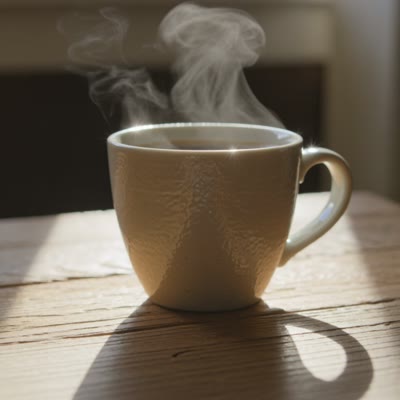 Slow dolly-in on a coffee cup as steam curls upward in morning sunlight, shallow depth of field, cinematic.
