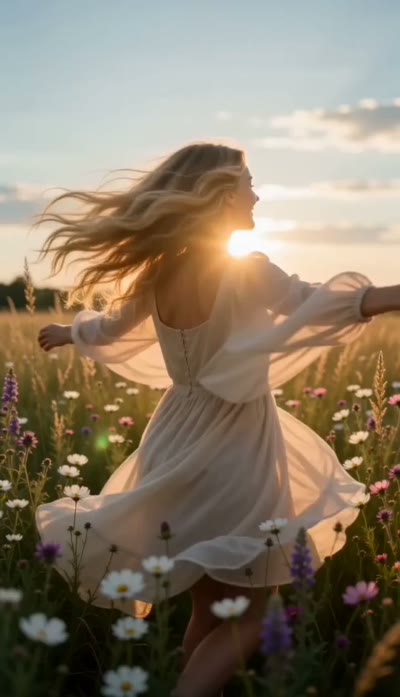 Slow-motion orbit around the woman as she spins and laughs, her dress flowing, golden-hour sunlight breaking through the flowers, joyful and cinematic, photorealistic. Audio: soft laughter, wind through grass, gentle ambient score.