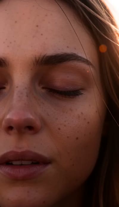 Slow dolly-in on the woman's face, her eyes slowly open revealing reflected sunset light, a single tear rolls down her cheek, gentle hair movement, photorealistic, cinematic. Audio: soft ambient pad, subtle breath.