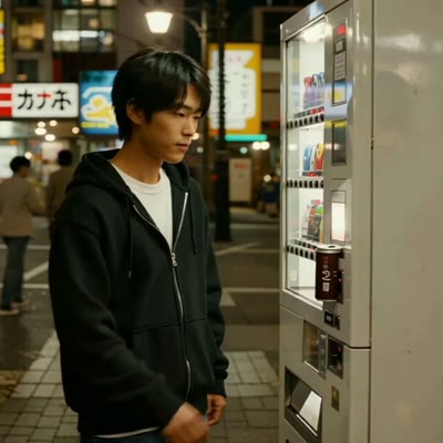 Slow push-in as they tap the button, the can clunks out, they pop the tab, steam rising from the hot coffee. Audio: vending-machine beep, can drop, tab hiss, city-pop loop. Japan-night TikTok aesthetic.